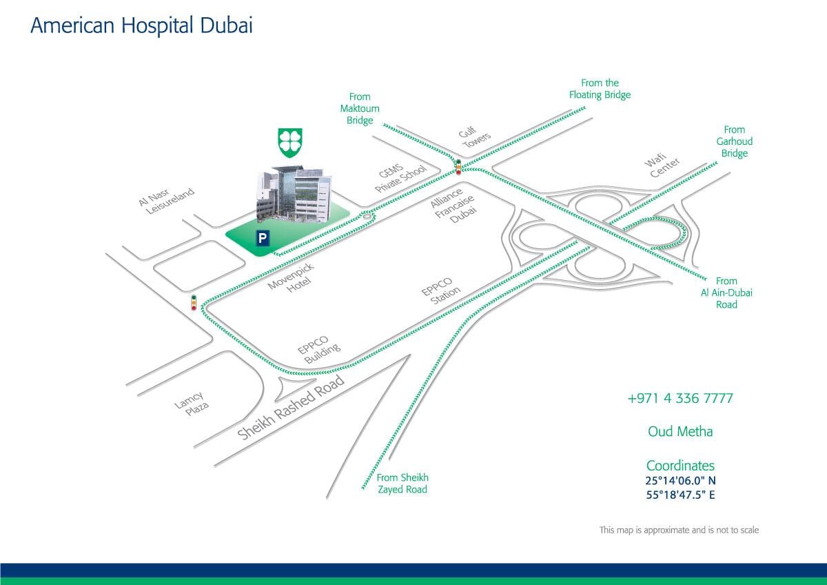 kort af Ameríku sjúkrahús Dubai