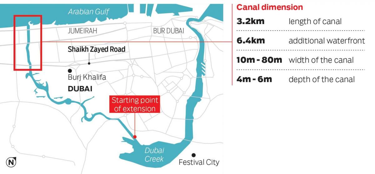kort af Dubai canal
