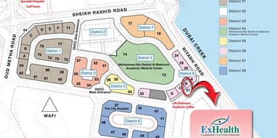 Kort af Dubai heilsugæslu borginni